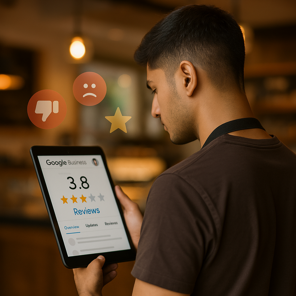 Cafe owner checking Google Reviews